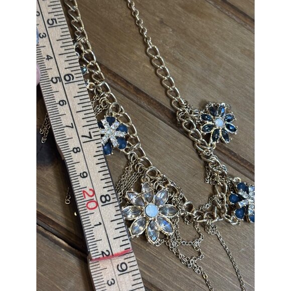 Gold Floral Statement fringe Necklace With Blue & Clear Gem Accents Dangle Chai - Picture 10 of 12